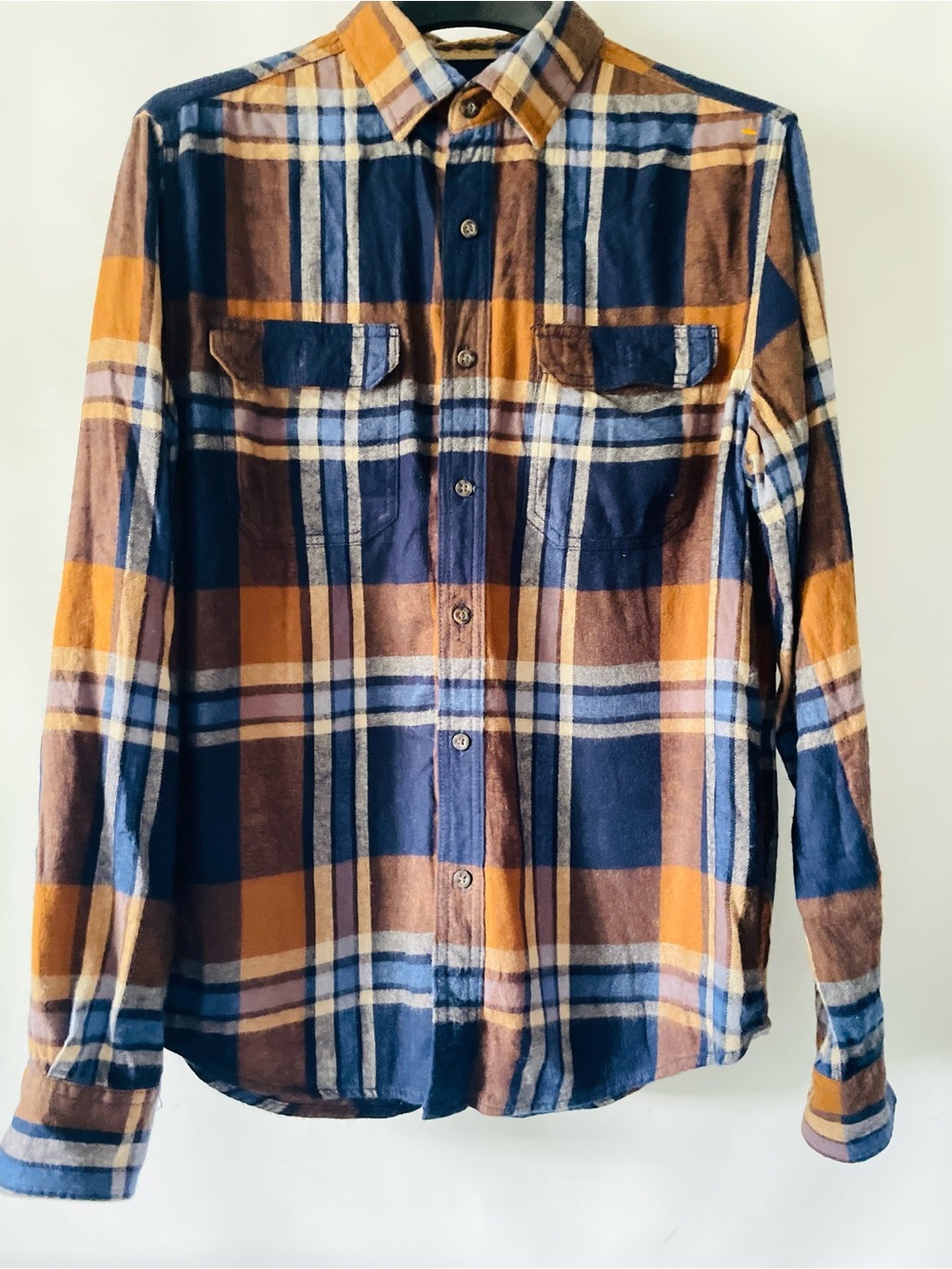 George Men's Plaid Button-Down Shirt in Navy, Brown & Mustard Size M